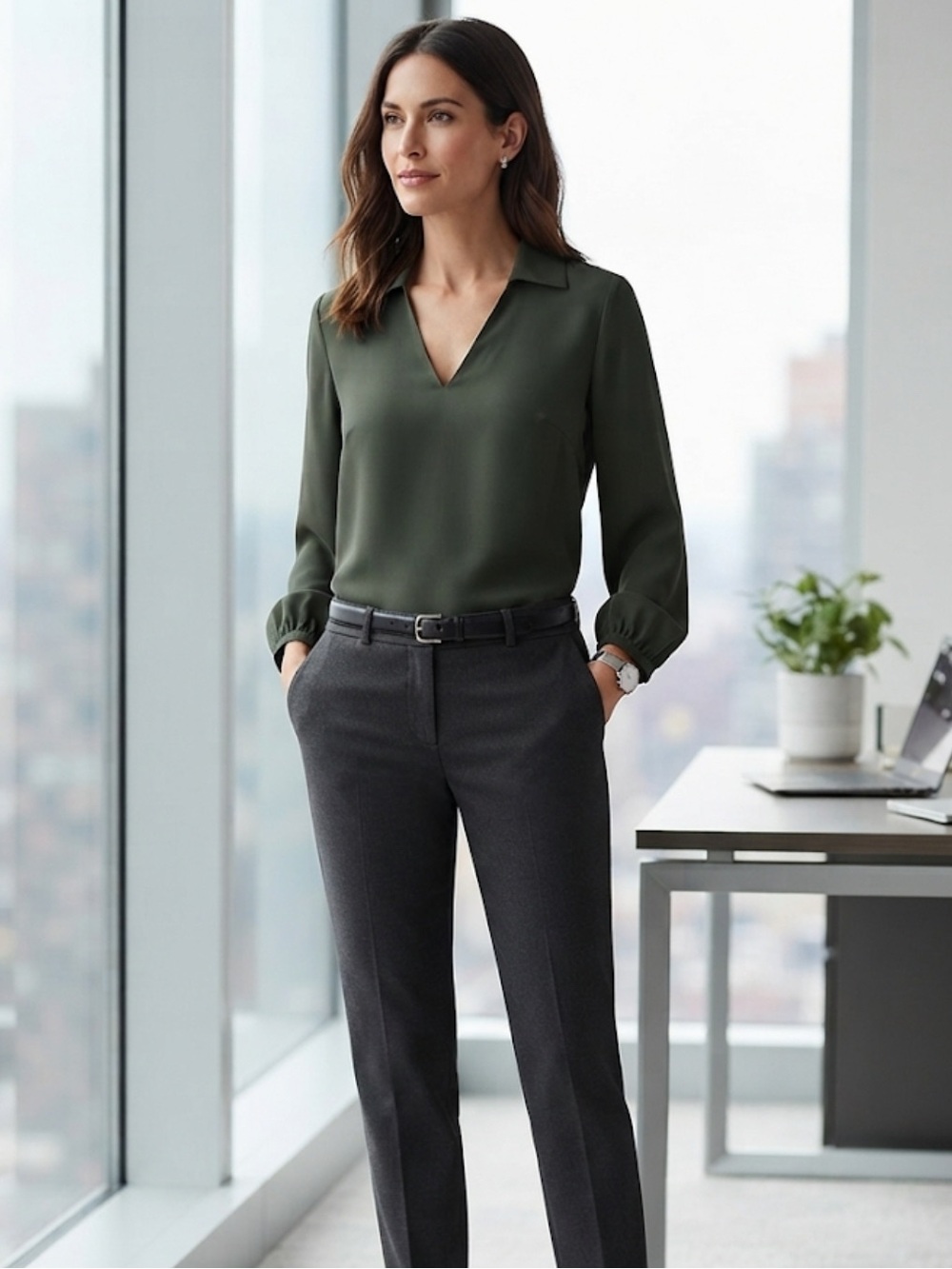 Banana Republic Deep Olive Collared V-Neck Blouse